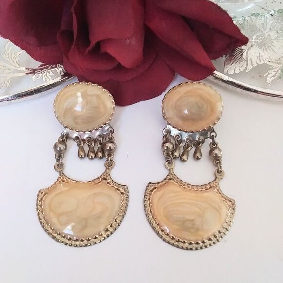 Earrings 1920s/Cloissonne look Vintage Chandelier/Pressed Metal Unique C… - Picture 6 of 13